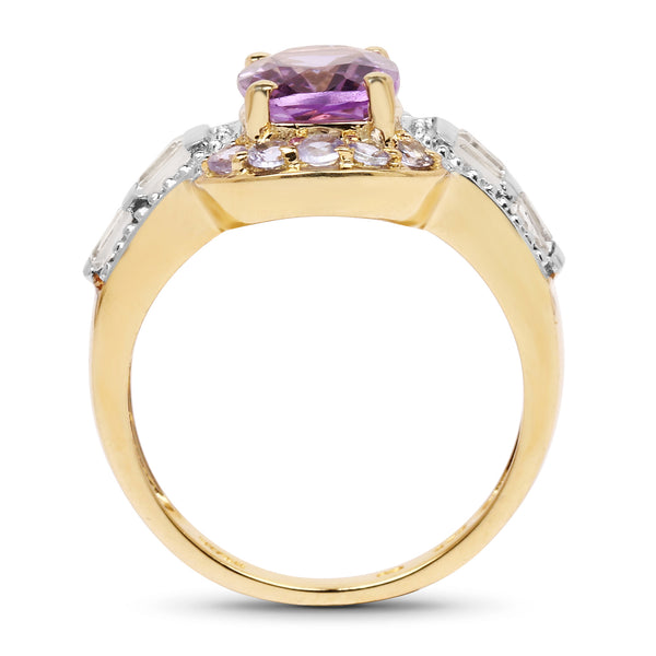 14K Yellow Gold Plated 2.28 Carat Genuine Amethyst, Tanzanite And White Topaz .925 Sterling Silver Ring