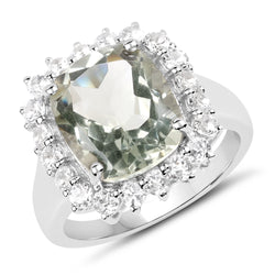 5.80 Carat Genuine Green Amethyst and White Topaz .925 Sterling Silver Ring