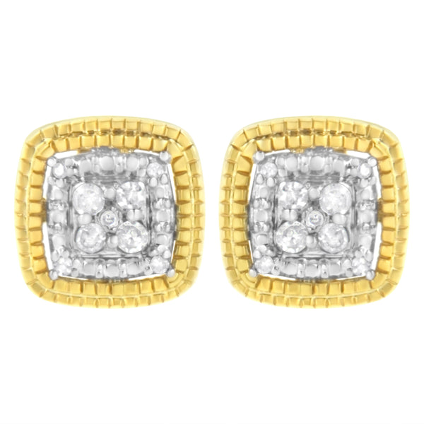 10K Yellow Gold Plated .925 Sterling Silver 1/10 Cttw Prong-Set Round Cut Diamond Square Shape with Milgrain Halo Stud Earrings (I-J Color, I2-I3 Clarity)