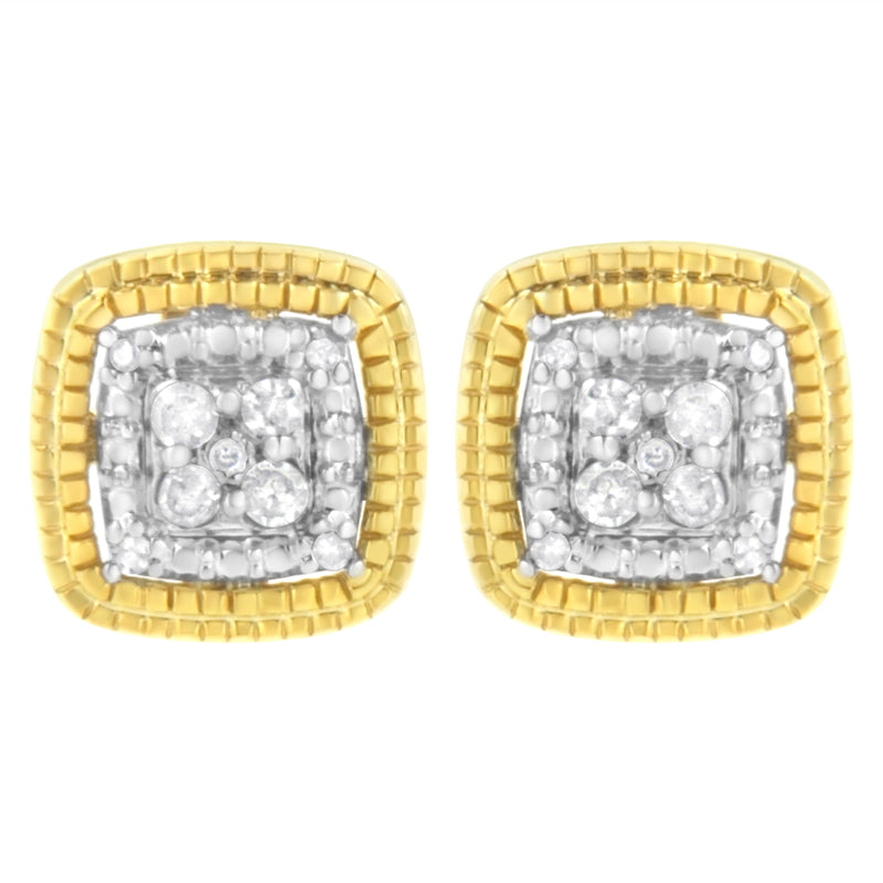 10K Yellow Gold Plated .925 Sterling Silver 1/10 Cttw Prong-Set Round Cut Diamond Square Shape with Milgrain Halo Stud Earrings (I-J Color, I2-I3 Clarity)