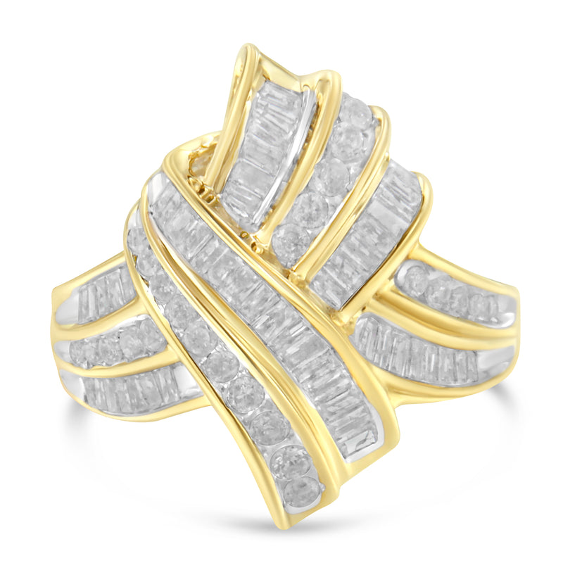 10K Yellow Gold Plated .925 Sterling Silver 1.0 Cttw Round & Baguette Diamond Knot Channel Statement Ring (I-J Color, I2-I3 Clarity) - Size 6