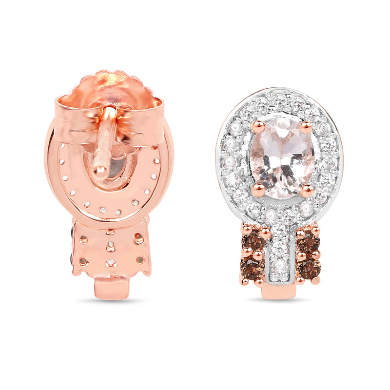 18K Rose Gold Plated 0.87 Carat Genuine Morganite, Smoky Quartz and White Zircon .925 Sterling Silver Earrings