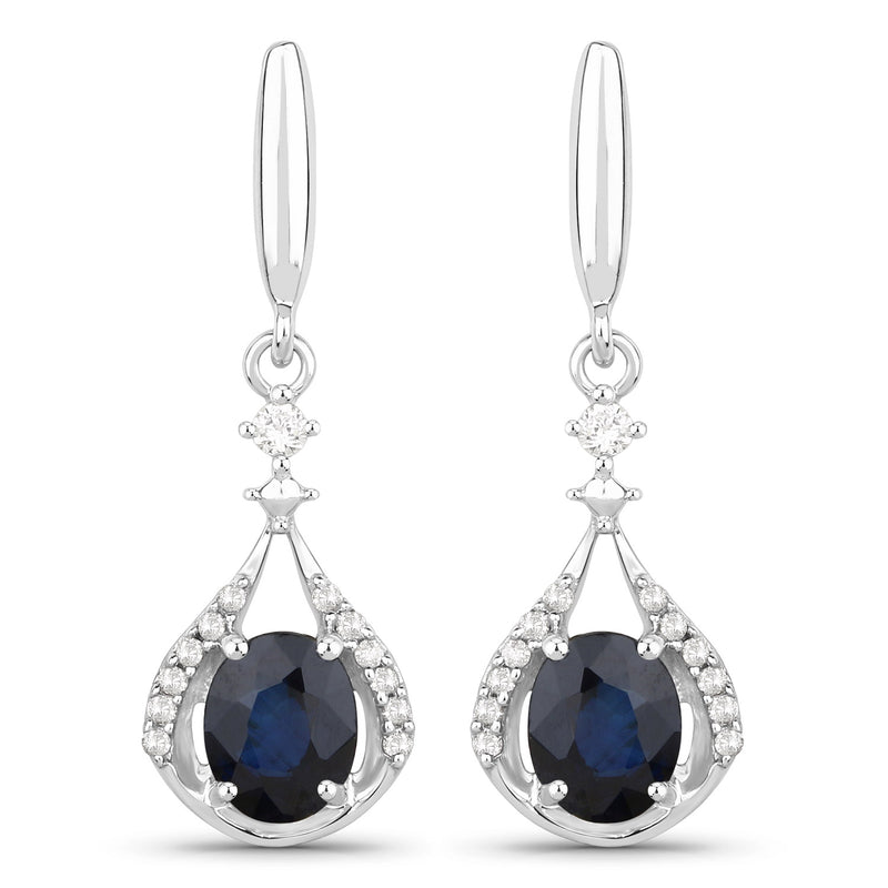 0.86 Carat Genuine Blue Sapphire and White Diamond 14K White Gold Earrings