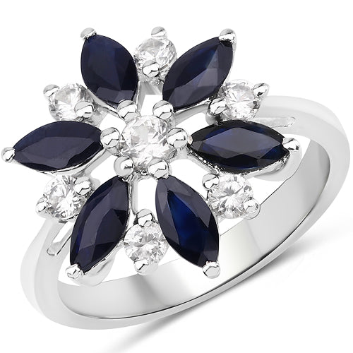 2.28 Carat Genuine Blue Sapphire and White Zircon .925 Sterling Silver Ring