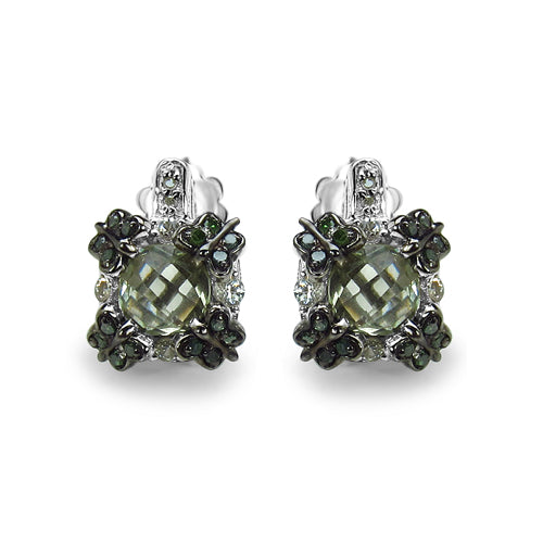 2.91 Carat Genuine Green Amethyst, White Sapphire & Green Diamond .925 Sterling Silver Earrings