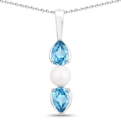 1.56 Carat Genuine Blue Topaz and Pearl .925 Sterling Silver Pendant