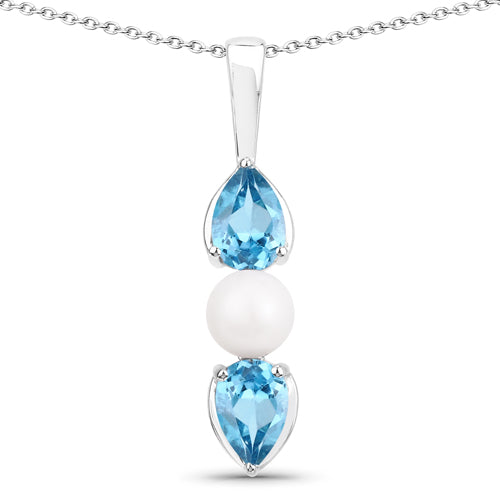 1.56 Carat Genuine Blue Topaz and Pearl .925 Sterling Silver Pendant