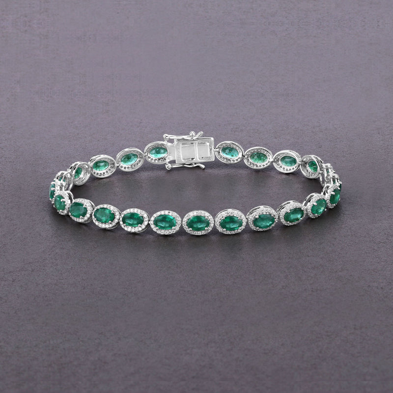 12.16 Carat Genuine Zambian Emerald and White Diamond 14K White Gold Bracelet