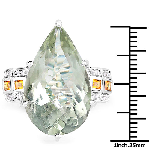 19.99 Carat Genuine Green Amethyst, Golden Citrine & White Topaz .925 Sterling Silver Ring