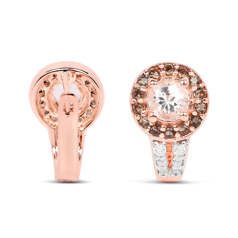 18K Rose Gold Plated 1.42 Carat Genuine Morganite, Smoky Quartz and White Zircon .925 Sterling Silver Earrings