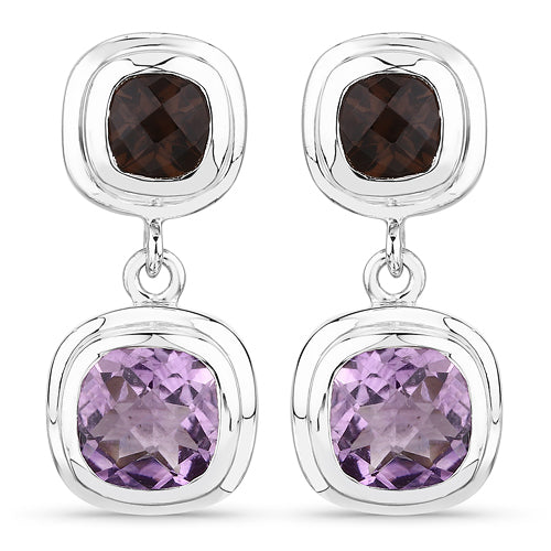 6.60 Carat Genuine Amethyst and Smoky Quartz .925 Sterling Silver Earrings