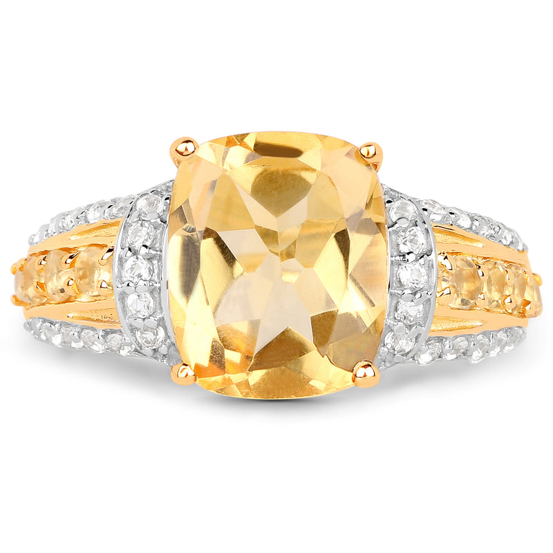 14K Yellow Gold Plated 4.35 Carat Genuine Citrine and White Topaz .925 Sterling Silver Ring