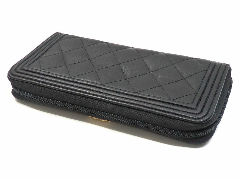 Chanel Round Fastener Long Wallet Boy Ladies Black Caviar Skin A80288 Coco Mark Leather