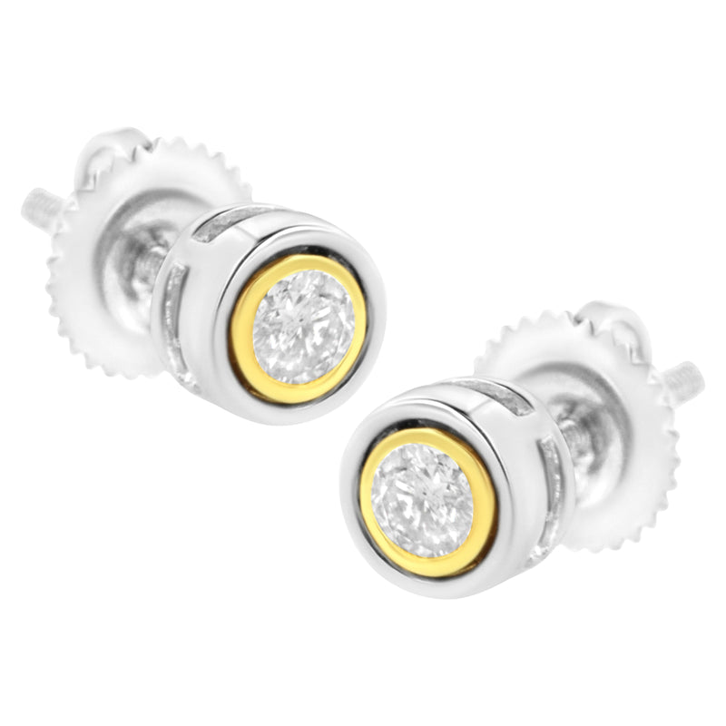 10K Yellow & White Two-Tone Gold 1/5 Cttw Round Brilliant-Cut Near Colorless Diamond Bezel-Set Stud Earrings with Screw Backs (J-K Color, I1-I2 Clarity)