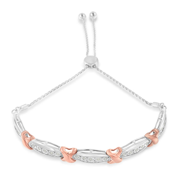 .925 Sterling Silver 1/4 Cttw Round-Cut Diamond X & Tapered Bar Miracle-Set Bolo Bracelet (I-J Color, I3 Clarity) - Two Tone Rose Gold & Silver