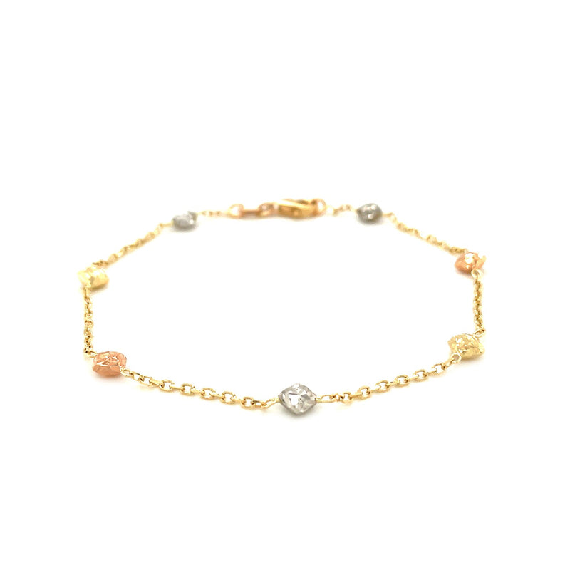 14k Tri-Color Gold Bracelet with Diamond Shape Faceted Style Stations