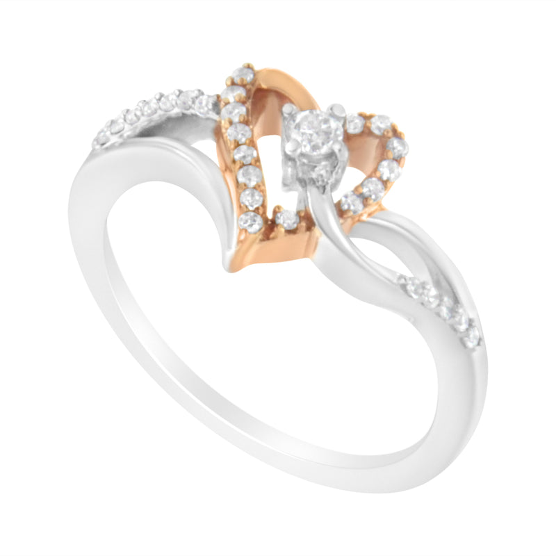10K Rose Gold Plated .925 Sterling Silver 1/5 Cttw Diamond Two Tone Open Heart Promise or Fashion Ring (I-J Color, I2-I3 Clarity) - Size 8