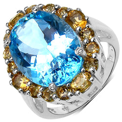 12.73 Carat Genuine Blue Topaz & Citrine .925 Sterling Silver Ring