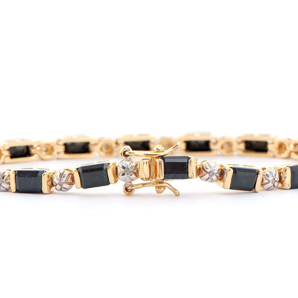 12.12 TW CTS BLACK SAPPHIRE & DIAMONDS 18K GOLD PLATED DESIGNER BRACELET SIZE 7.5 INCHES