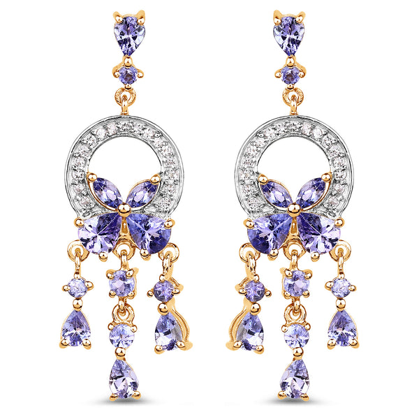 14K Yellow Gold Plated 3.22 Carat Genuine Tanzanite and White Topaz .925 Sterling Silver Earrings