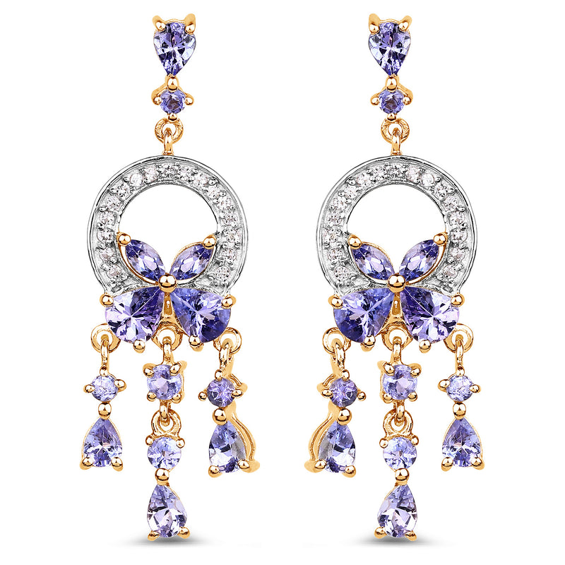 14K Yellow Gold Plated 3.22 Carat Genuine Tanzanite and White Topaz .925 Sterling Silver Earrings