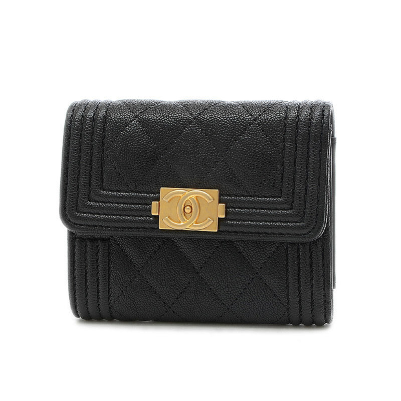 Chanel Boy Tri-Fold Wallet Leather Black A84068