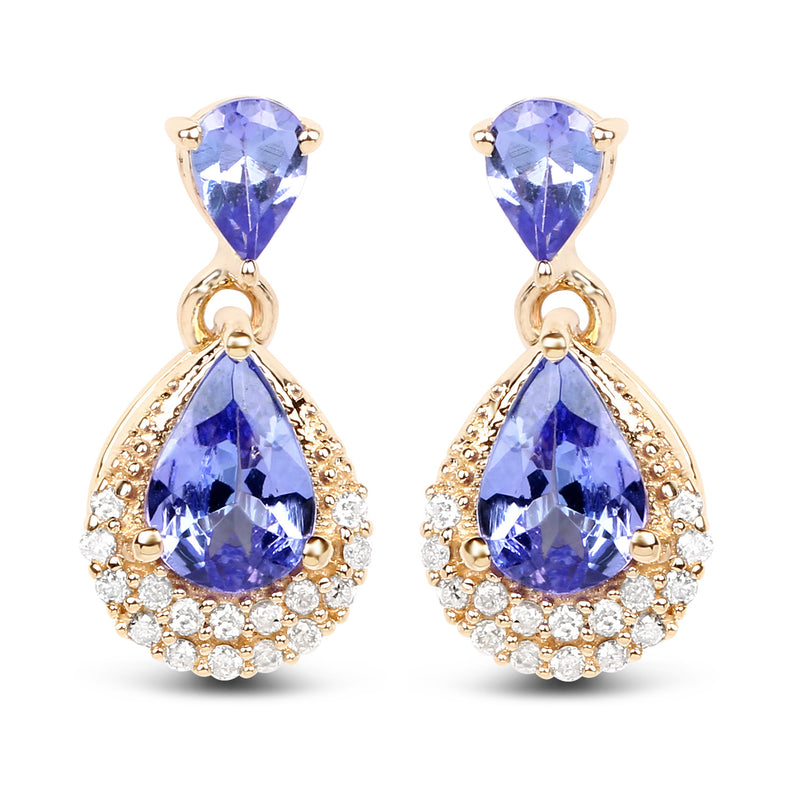 1.12 Carat Genuine Tanzanite and White Diamond 14K Yellow Gold Earrings