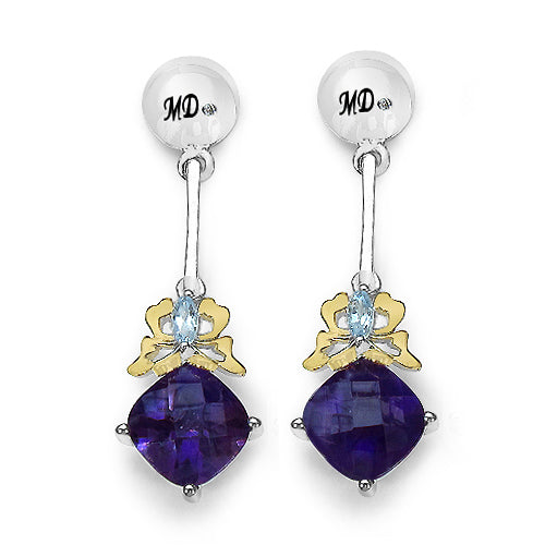 3.79 Carat Genuine Amethyst, Blue Topaz & White Diamond .925 Sterling Silver Earrings