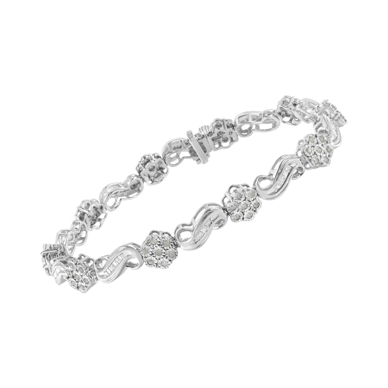 .925 Sterling Silver 1.0 Cttw Miracle and Channel Set Diamond Floral Cluster and Link Bracelet (I-J Color, I3 Clarity) - 7.25"