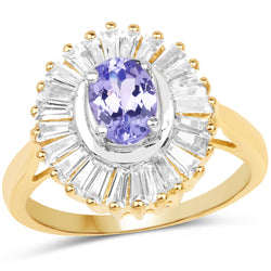 14K Yellow Gold Plated 2.16 Carat Genuine Tanzanite & White Topaz .925 Sterling Silver Ring