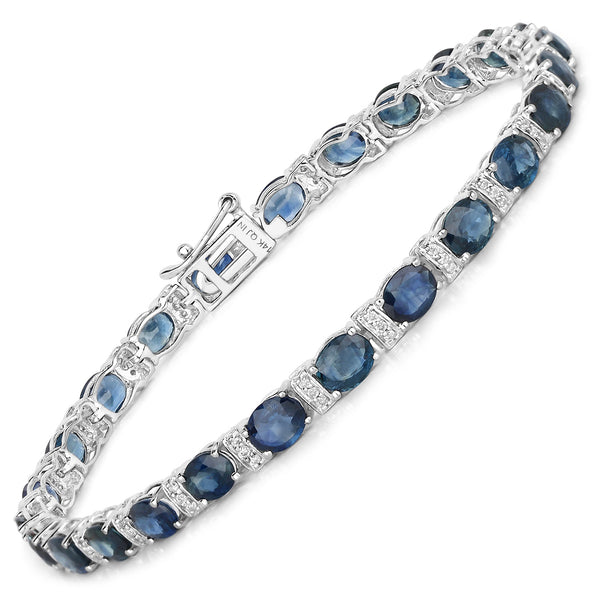 8.76 Carat Genuine Blue Sapphire and White Diamond 14K White Gold Bracelet