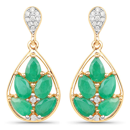 2.43 Carat Genuine Emerald and White Diamond 14K Yellow Gold Earrings