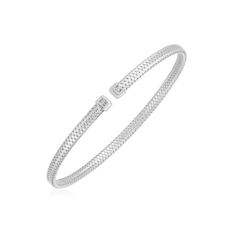 14k White Gold Woven Cuff Bangle with Diamonds