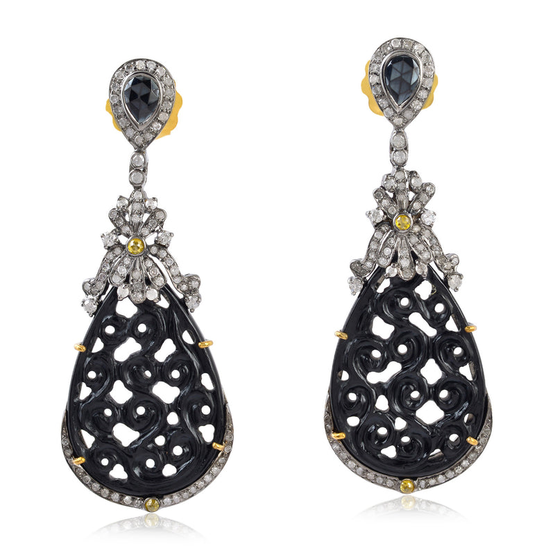 1.2ct Pave Diamond Gemstone Carved Dangle Earrings Gold Sterling Silver Jewelry