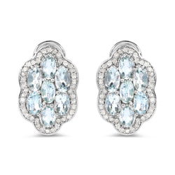 3.24 Carat Genuine Aquamarine And White Diamond .925 Sterling Silver Earrings