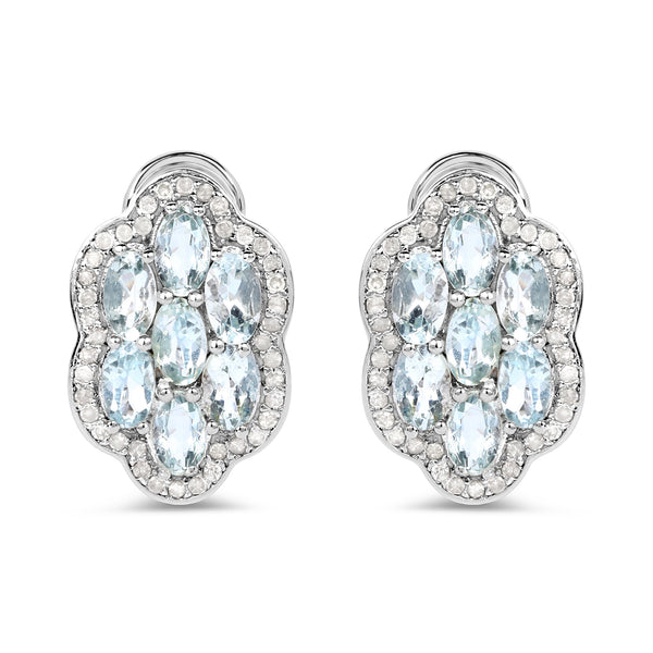 3.24 Carat Genuine Aquamarine And White Diamond .925 Sterling Silver Earrings