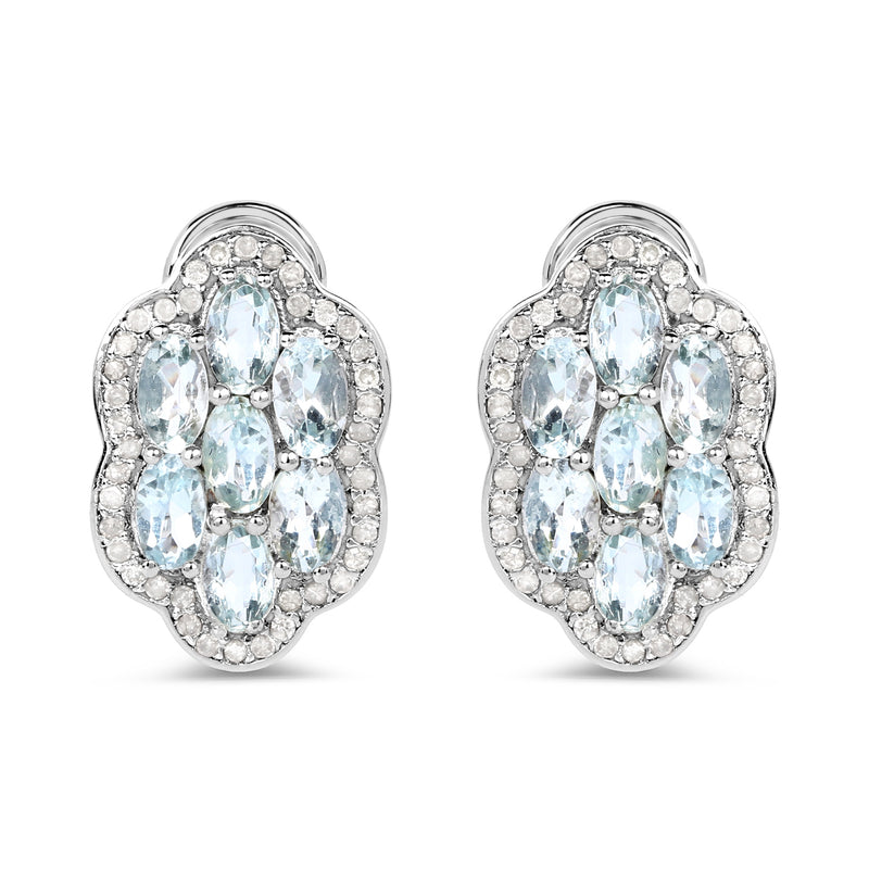 3.24 Carat Genuine Aquamarine And White Diamond .925 Sterling Silver Earrings