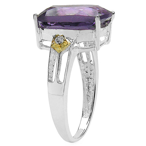 Two Tone Plated 5.91 Carat Genuine Amethyst & White Topaz .925 Sterling Silver Ring