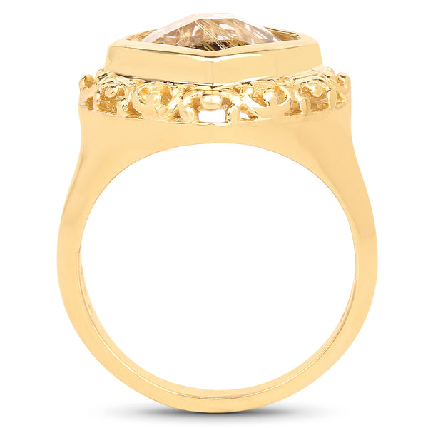 14K Yellow Gold Plated 3.86 Carat Genuine Golden Rutile .925 Sterling Silver Ring