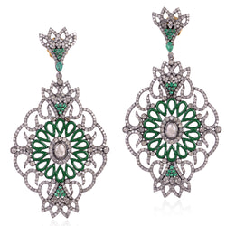 Pave Diamond Emerald Dangle Earrings 18k Gold 925 Silver Enamel Jewelry