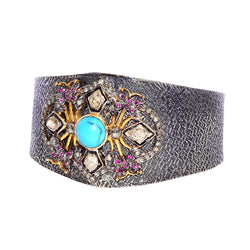 Ruby Turquoise Rose Diamond Gold Sterling Silver Cuff Bangle Bracelet Jewelry