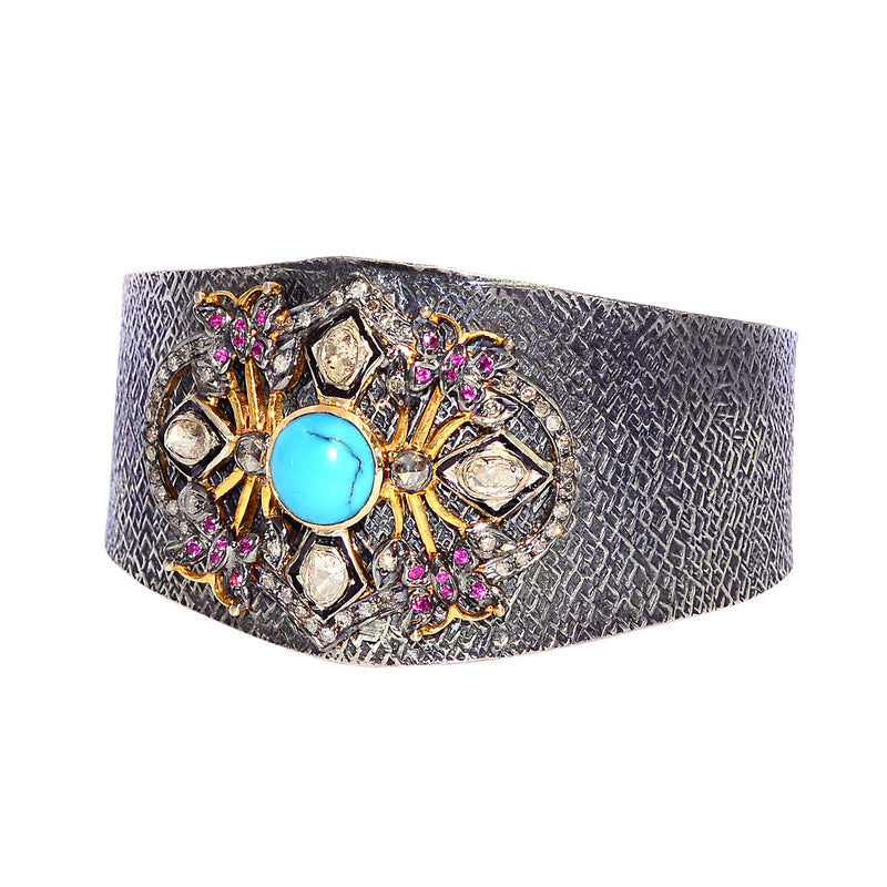 Ruby Turquoise Rose Diamond Gold Sterling Silver Cuff Bangle Bracelet Jewelry