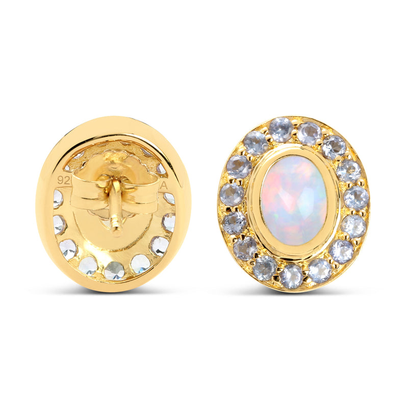 14K Yellow Gold Plated 2.01 Carat Genuine Ethiopian Opal and Tanzanite .925 Sterling Silver Earrings