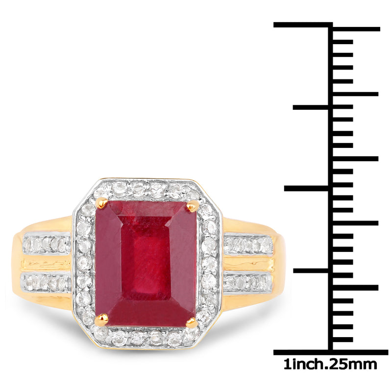 14K Yellow Gold Plated 4.61 Carat Glass Filled Ruby and White Topaz .925 Sterling Silver Ring