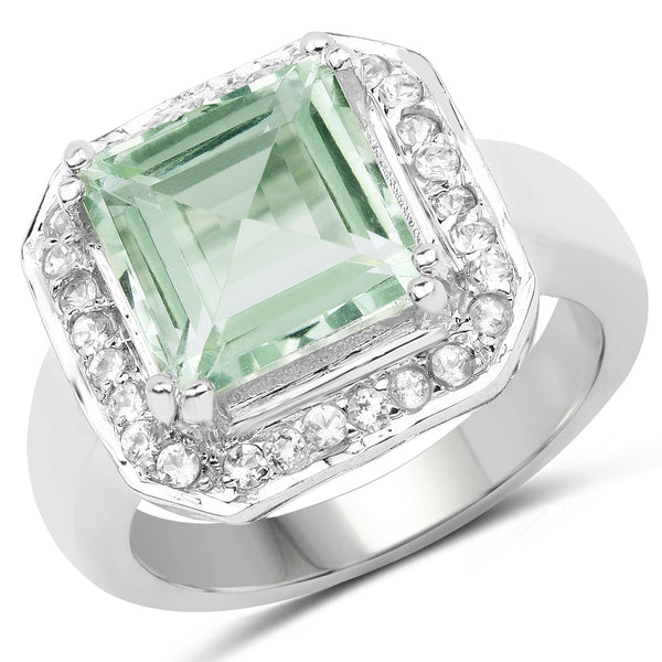 5.21 Carat Genuine Green Amethyst and White Topaz .925 Sterling Silver Ring