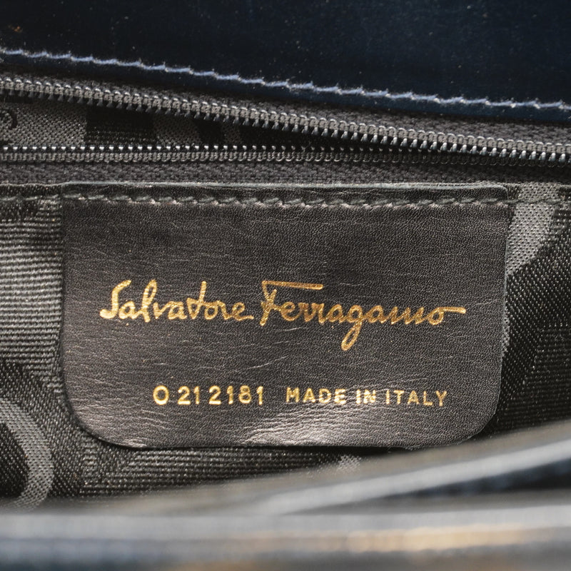 Auth Salvatore Ferragamo Handbag Gancio Leather Black Gold Metal