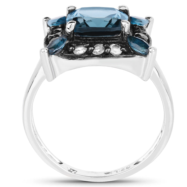 3.24 Carat Genuine London Blue Topaz and White Topaz .925 Sterling Silver Ring