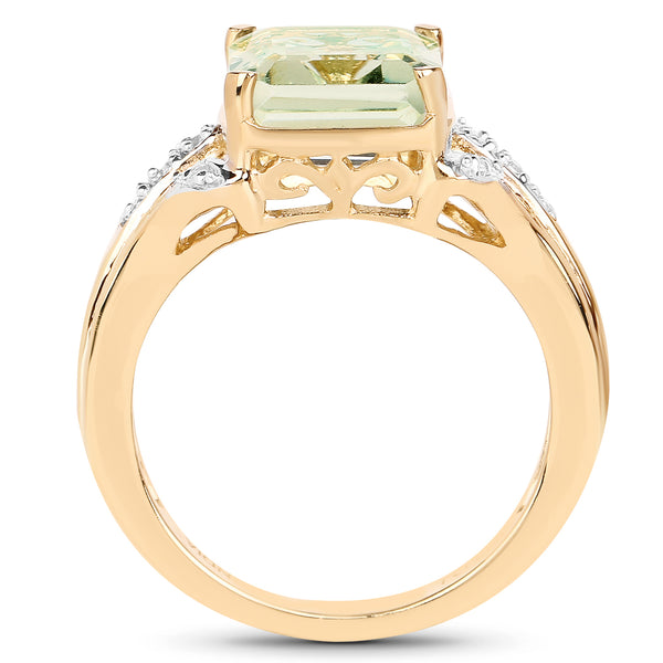 14K Yellow Gold Plated 4.15 Carat Genuine Green Amethyst & White Topaz .925 Sterling Silver Ring