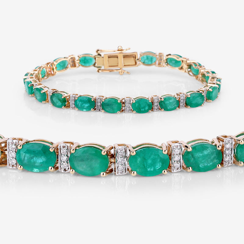 14.05 Carat Genuine Zambian Emerald and White Diamond 14K Yellow Gold Bracelet