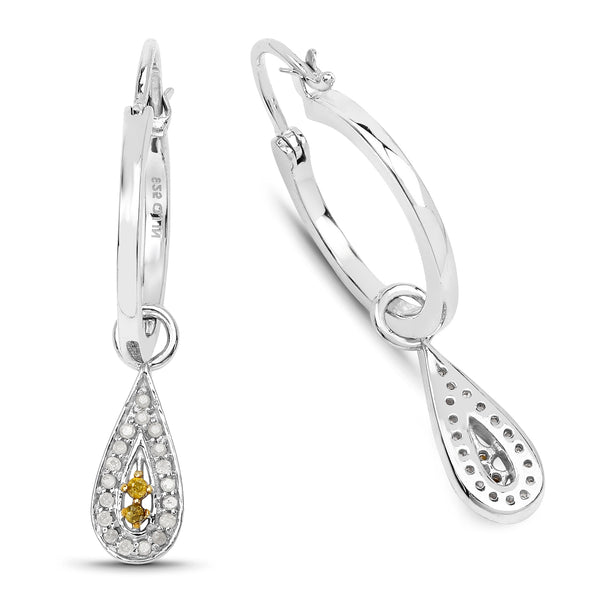 0.26 Carat Genuine White Diamond and Yellow Diamond .925 Sterling Silver Earrings